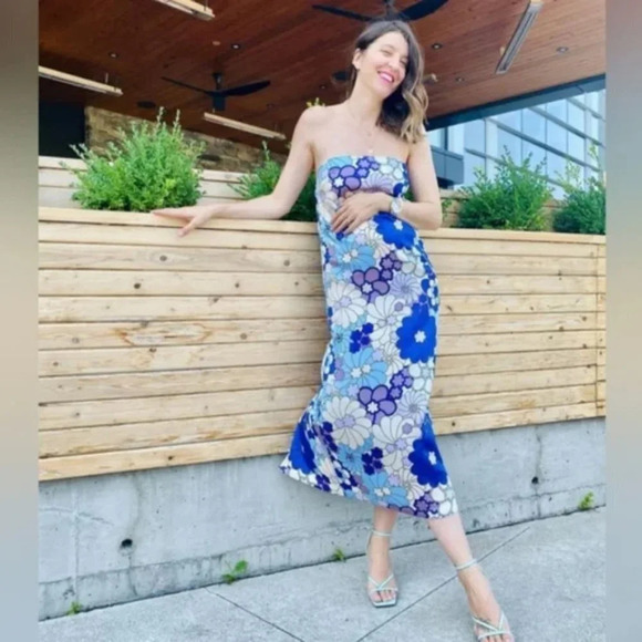 Zara Retro Floral Satin Effect Strapless Midi Dress NWT Blue White Purple Small - Picture 6 of 16